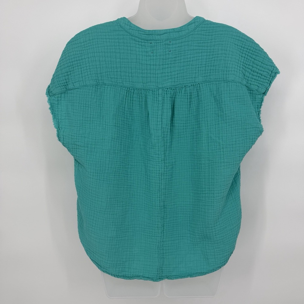 Xirena Sz M Teal V Neck‎ Short Sleeve Top Popover Cotton Gauze Cap Sleeve Blouse - Picture 3 of 7
